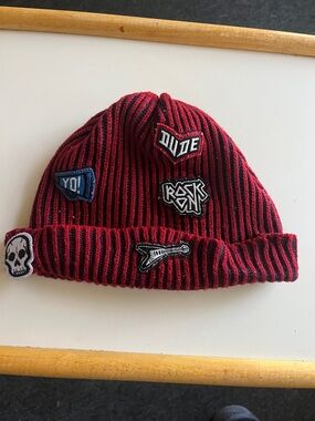 Kids Red & Black Striped Beanie Hat with Patch Accents